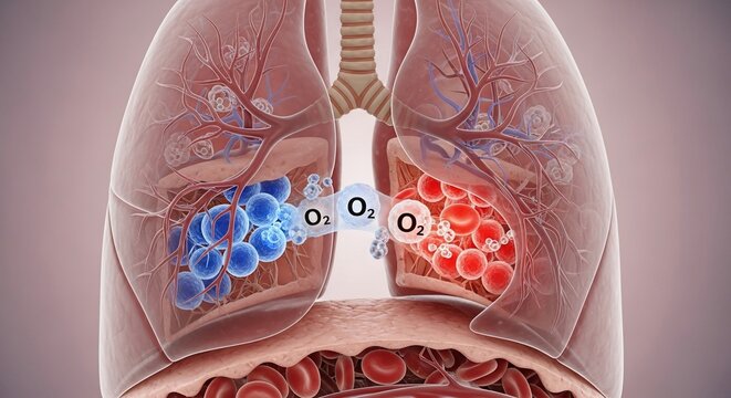 Illustration of the gas exchange process in the human lungs, showing oxygen entering the bloodstream and carbon dioxide leaving.