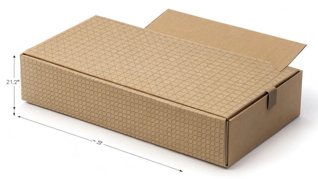A stylish cardboard box with a geometric pattern, partially open, showcasing its design and dimensions