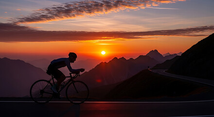 Obraz premium Cyclist riding a bicycle on mountain road at sunset