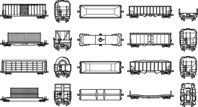 An array of detailed illustrations showcasing the diverse design of freight train cars, each rendered with precision.