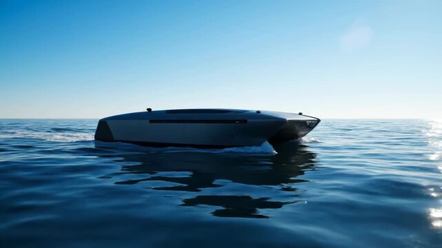 A sleek, futuristic yacht glides across calm, blue ocean waters. The sun shines brightly on the horizon, reflecting on the waves.