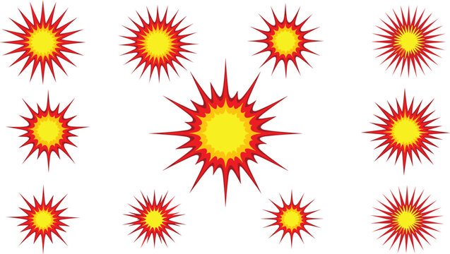 Explosion and Starburst Vector Set Featuring Red and Yellow Explosive Designs for Action, Energy, and Dynamic Graphic Illustrations.