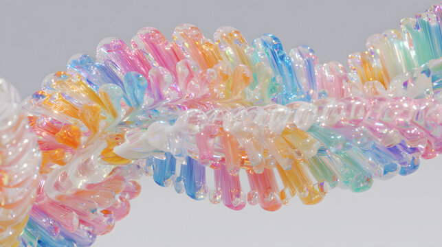 A rainbow chain, resembling DNA, is a stunning display of color and form, the iridescent details captivating the eye
