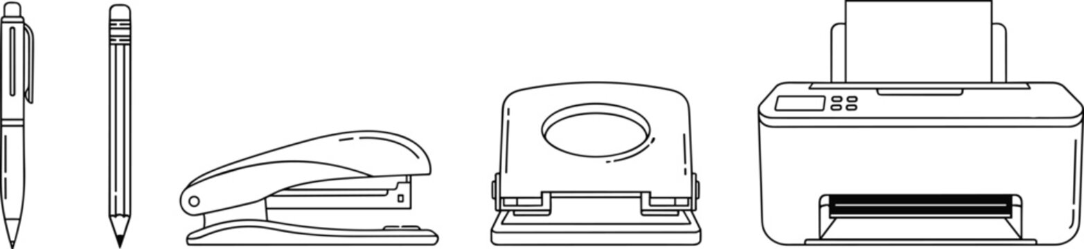 Vector line art icon set of office supplies including pen pencil stapler hole punch and printer isolated on white background