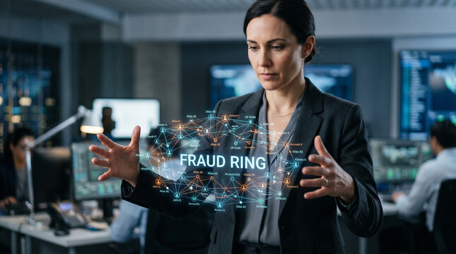 Fraud identity synthetic woman business office hologram data analysis cyber security investigation