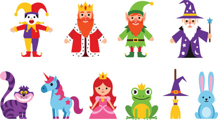 Obraz premium Fairytale Character Collection with King Elf Wizard Princess Unicorn Frog Rabbit and Fantasy Cartoon Figures Vector Illustration Set for Kids Story Design.