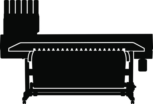 Black silhouette vector of a wide format textile printer. Commercial sublimation printing and graphic design. Concepts for web design in solid monochrome style.