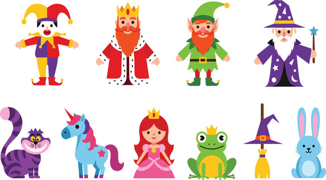 Fairytale Character Collection with King Elf Wizard Princess Unicorn Frog Rabbit and Fantasy Cartoon Figures Vector Illustration Set for Kids Story Design.