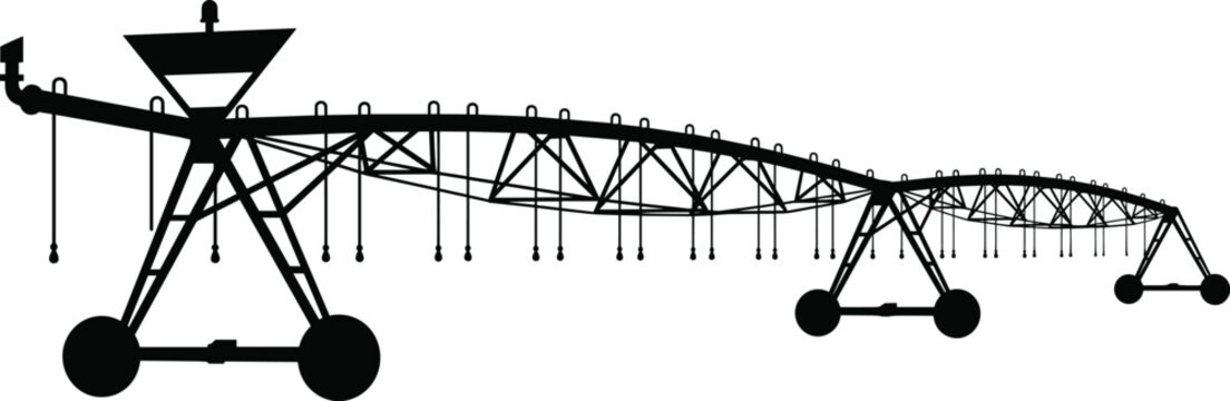 Black silhouette vector illustration of a pivot irrigation system. Agricultural technology and smart farming. Concepts for web design and app UI in solid monochrome style.