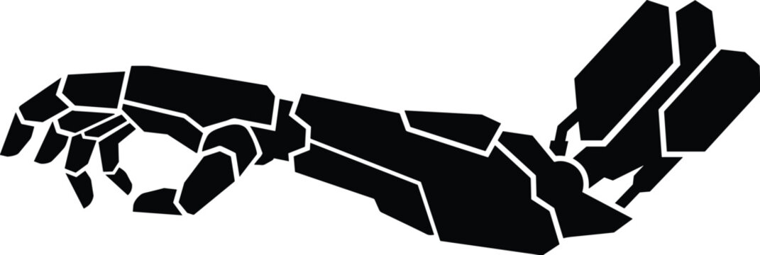 Black silhouette vector illustration of a bionic prosthetic arm. Medical robotics and accessibility engineering. Concepts for web design and app UI in solid monochrome style.