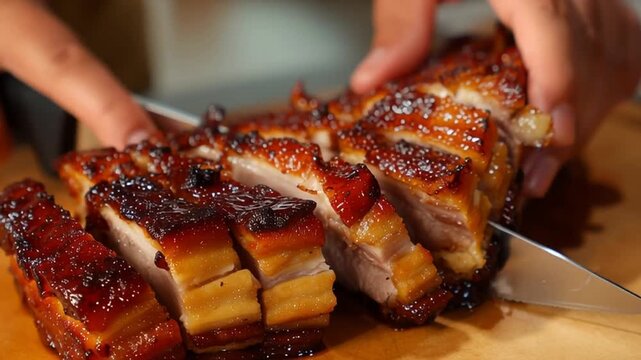 slicing juicy grilled pork belly