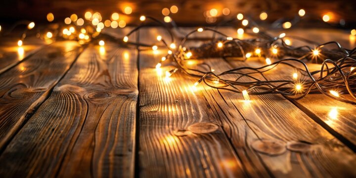 Warm, Golden String Lights on Rustic Wooden Surface, Creating a Cozy and Festive Atmosphere