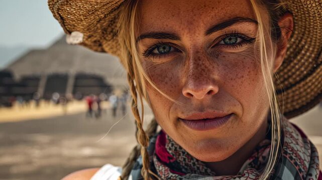 Close-up footage of a young woman wearing a straw hat and scarf with El Castillo pyramid behind her at Chichen Itza, Yucatan, Mexico, travel and tourism concept