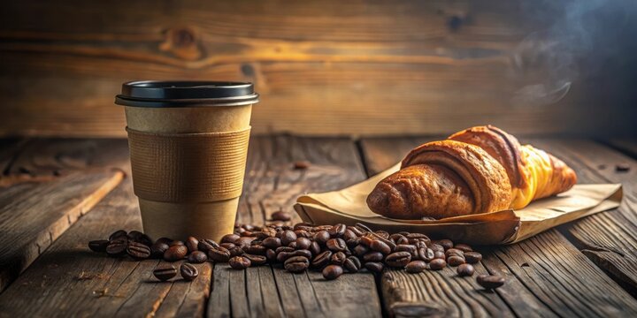 Aromatic Coffee Break Warm Beverage in Disposable Cup, Freshly Baked Croissant, and Roasted Coffee Beans on Rustic Wooden Table