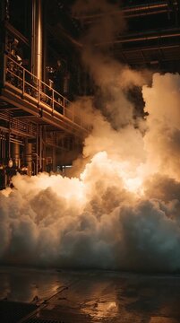Steam released from a reactor valve, dense vapor clouds expanding in slow motion, dramatic industrial lighting, cinematic perspective, capturing power, scale, and atmospheric tension.