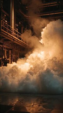 Steam released from a reactor valve, dense vapor clouds expanding in slow motion, dramatic industrial lighting, cinematic perspective, capturing power, scale, and atmospheric tension.