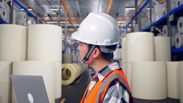 Close Up Side View Of Asian Male Engineer With Safety Helmet Working On A Laptop And Looking Around While Standing at Warehouse with Rows of Stacked White Polymer and Paper Rolls