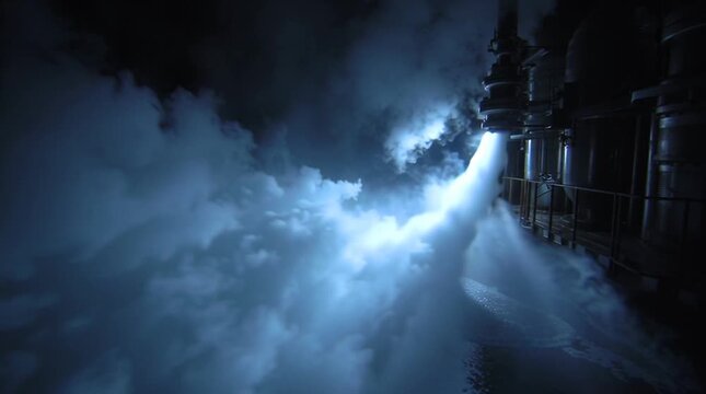 Steam released from a reactor valve, dense vapor clouds expanding in slow motion, dramatic industrial lighting, cinematic perspective, capturing power, scale, and atmospheric tension.
