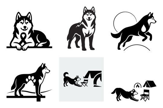 Husky camping moon silhouette vector icon set