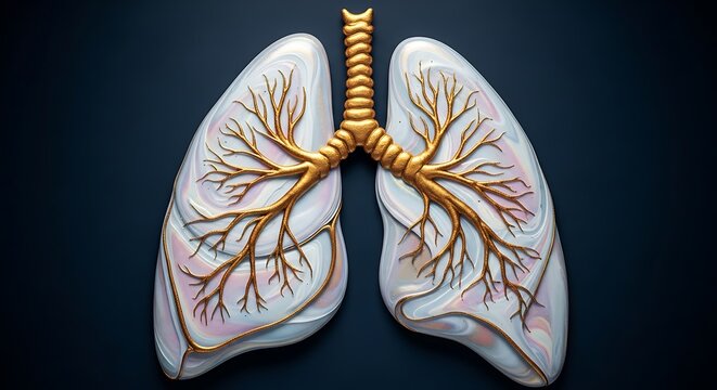 3D medical illustration of human lungs with bronchial tree and trachea on dark background