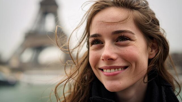 Close-up footage of a smiling young woman with windblown hair outdoors, with the Eiffel Tower softly blurred behind her in Paris, France, travel lifestyle concept