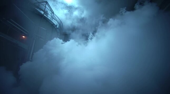Steam released from a reactor valve, dense vapor clouds expanding in slow motion, dramatic industrial lighting, cinematic perspective, capturing power, scale, and atmospheric tension.