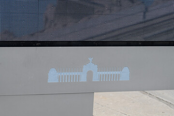 Fototapeta premium close-up of Exhibition Place's emblem feat. a stylized silhouette of the Princes' Gates, Toronto