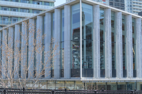 exterior building facade and sign at Toronto Public Library - Fort York Branch, 190 Fort York Blvd
