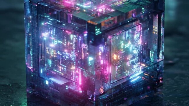 Abstract glowing neon cube representing futuristic digital technology, artificial intelligence, data processing, and quantum computing.