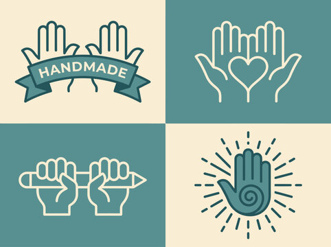 Minimalist Handmade and Craft Logo Icon Set Featuring Hands, Heart, and Pencil