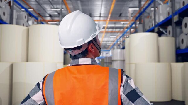 Close Up Back View Of A Male Engineer Wearing Safety Helmet Looking Around While Standing With Arms Akimbo at Warehouse with Rows of Stacked White Polymer and Paper Rolls