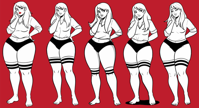 Cartoon women, lingerie models, plus-size illustrations, red background, vector characters