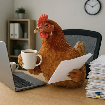 Chicken sits at a desk, holding a cup and reading papers. It wears a thoughtful expression, suggesting calm focus. The scene blends work and whimsy, perfect for creative projects