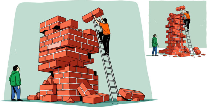 Construction workers building brick wall, bricklayer on ladder, masonry work, construction site