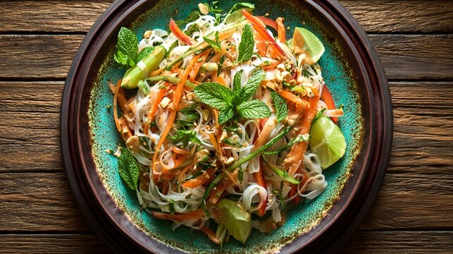 Rice noodle salad with veggies, lime, and peanut sauce is shown from above.