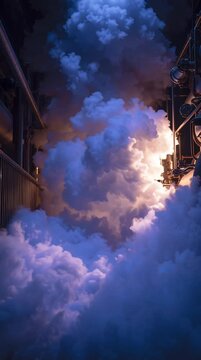 Steam released from a reactor valve, dense vapor clouds expanding in slow motion, dramatic industrial lighting, cinematic perspective, capturing power, scale, and atmospheric tension.