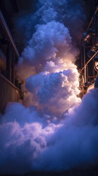 Steam released from a reactor valve, dense vapor clouds expanding in slow motion, dramatic industrial lighting, cinematic perspective, capturing power, scale, and atmospheric tension.
