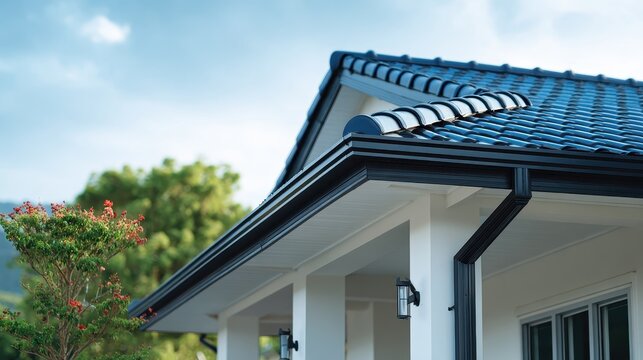 Modern residential house roof with dark ceramic tiles and gutter system
