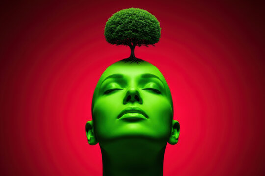 Green human head with tree growing from top on red background, concept of mental growth and eco mindset