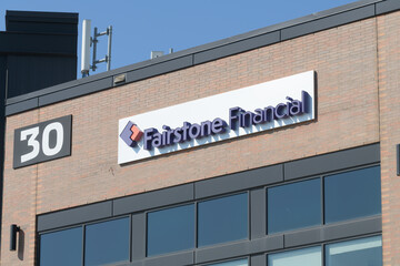 Fototapeta premium exterior building and sign of Fairstone Financial, a loan agency, located at 30 Weston Rd, Stock Yards, Toronto