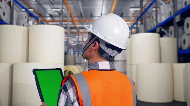 Close Up Back View Of Asian Male Engineer With Safety Helmet Working On A Green Screen Tablet And Looking Around While Standing at Warehouse with Rows of Stacked White Polymer and Paper Rolls