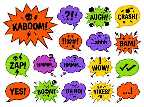 Colorful Retro Comic Book Speech Bubbles and Onomatopoeia Sound Effects Collection with Hand Drawn Pop Art Elements