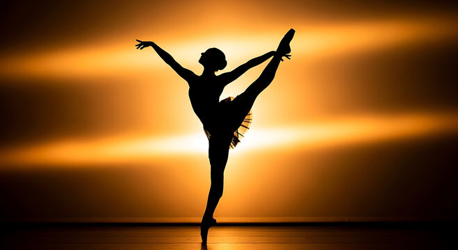 Silhouette of a ballerina dancing in warm golden light