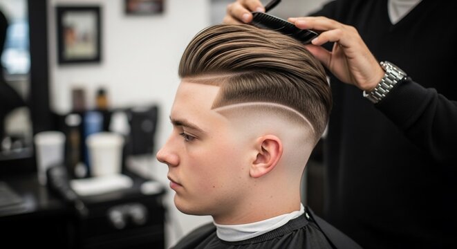 A barber meticulously styles a young man's hair with a comb, showcasing a sharp fade and intricate design.