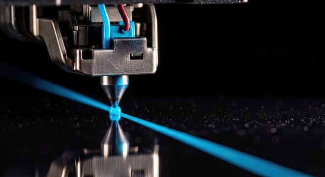 Close up view captures molten material being extruded from a precision nozzle onto a dark surface