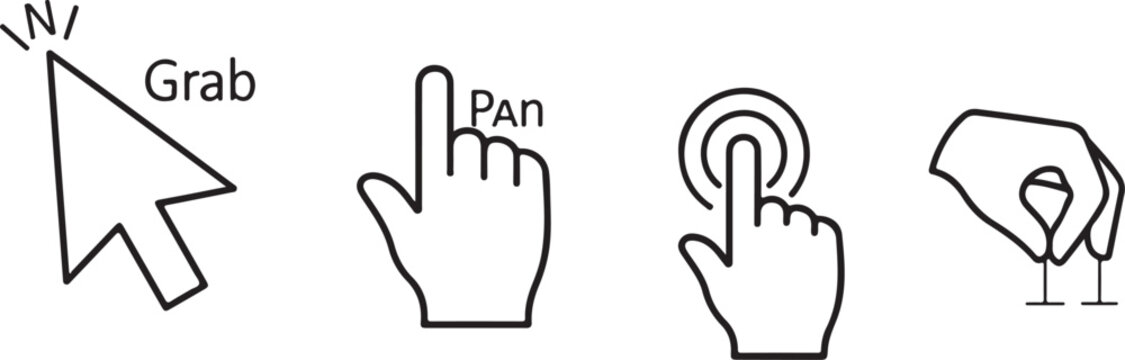 Touch Gesture Icons Set with Grab Pan Tap and Click Hand Interaction Symbols Outline Style