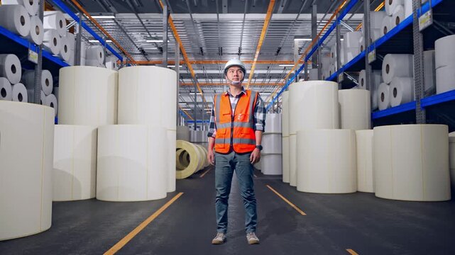 Full Body Of Asian Male Engineer With Safety Helmet Looking Around While Standing at Warehouse with Rows of Stacked White Polymer and Paper Rolls