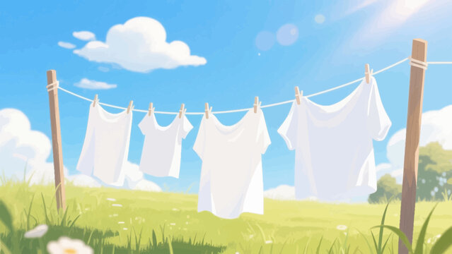 White clothes hanging on a clothesline in the meadow under blue sky