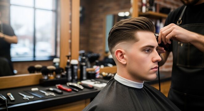 A young man receives a stylish fade haircut from a barber in a modern salon.