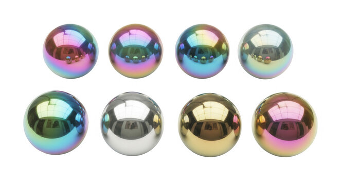 eight reflective spheres with iridescent finishes isolated on a white backdrop concepts like color reflection and art for design